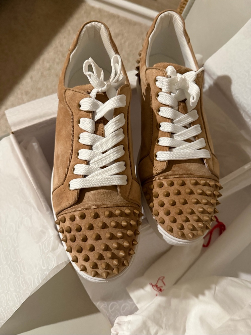 Christian Louboutin Tan Suede Spike-Toe Lace-Up Sneakers